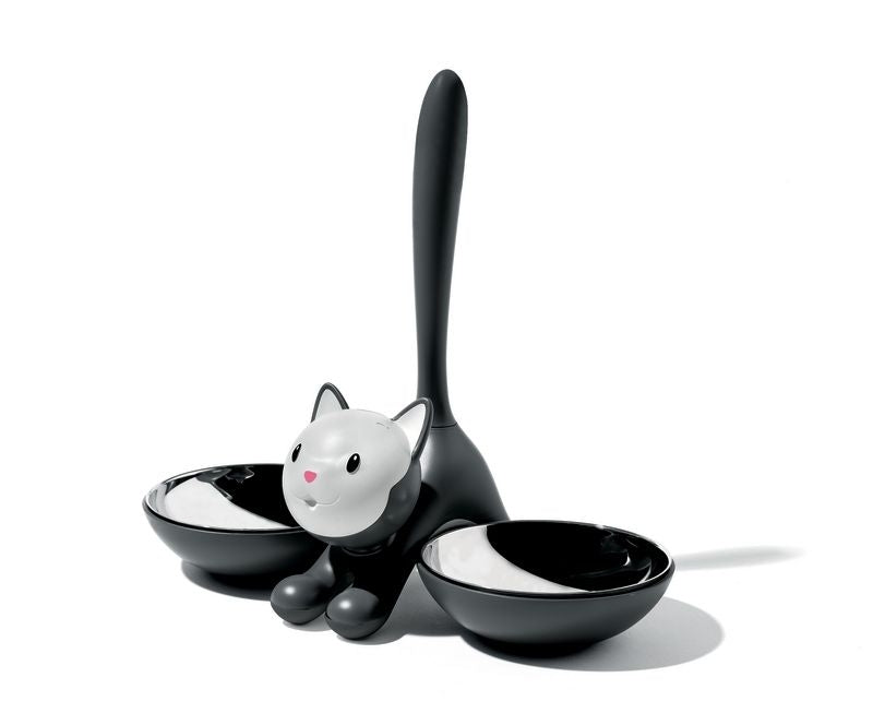 Alessi Tigrito voederbakjes-set in katvorm, zwart met uitneembare rvs bakjes