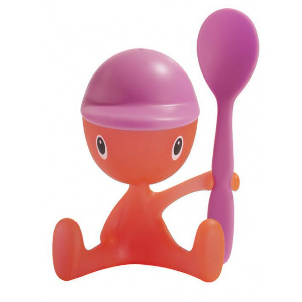Alessi Cico eierdopje in figuurvorm, roze met oranje en lepel