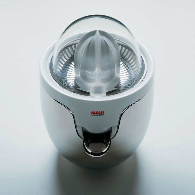 Alessi elektrische citruspers, bovenaanzicht van perskegel en zeef