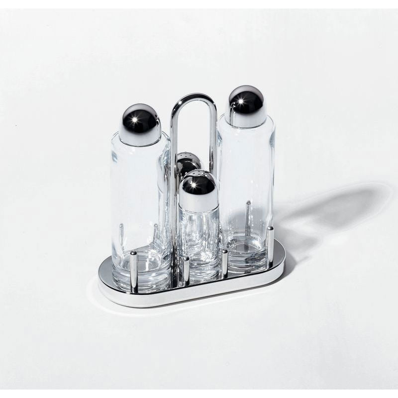 Alessi menage set voor olie, azijn, peper en zout, glas met verchroomd metaal