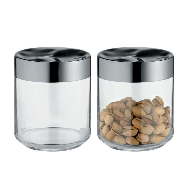 Alessi Julieta voorraadbus, glazen pot met rvs deksel, leeg en gevuld met pistachenoten