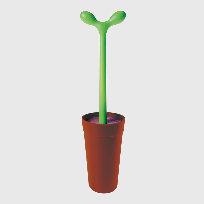 Alessi Merdolino toiletborstel met groene steel in oranje pot