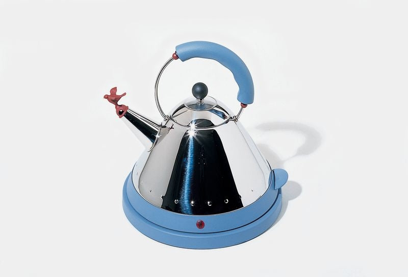 Alessi MG32 waterkoker van Michael Graves, blauw met vogelfluitje