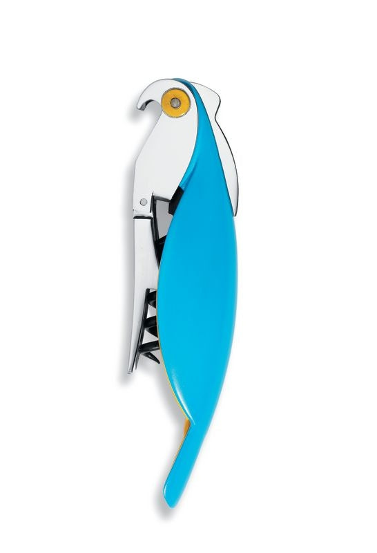Alessi Parrot kelnersmes, kurkentrekker in vogelvorm, blauw met wit, ontwerp Mendini