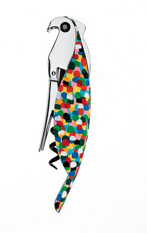 Alessi Parrot Proust kelnersmes, kurkentrekker in vogelvorm, ontwerp Alessandro Mendini