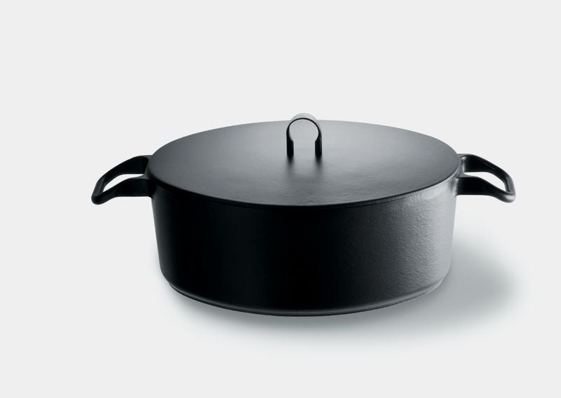 Cintura di Orione ovale pan met deksel, vooraanzicht, zwart geëmailleerd