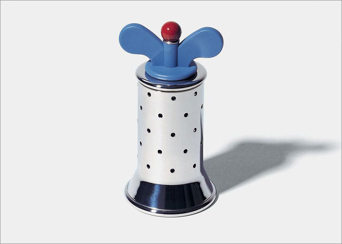 Alessi pepermolen in staal met blauwe en rode top