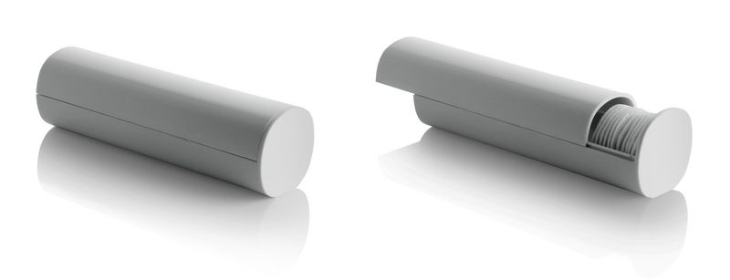 Birillo sliding container by Alessi in grey, closed and open side by side