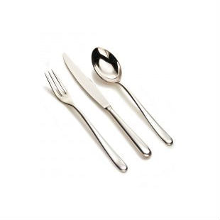 Alessi Caccia bestekset in zilver, met vork, tafelmes en lepel