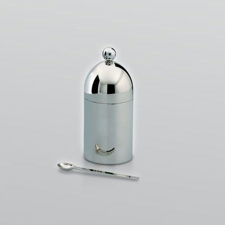 Alessi suikerpot met lepeltje, Aldo Rossi, verchroomd metaal met bolle deksel