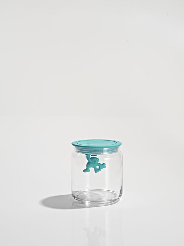 Glazen voorraadpot Alessi Gianni met turquoise deksel en figuurtje van een man