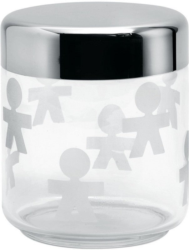 Alessi Girotondo voorraadbus, glazen bus met gepolijst stalen deksel, 75 cl