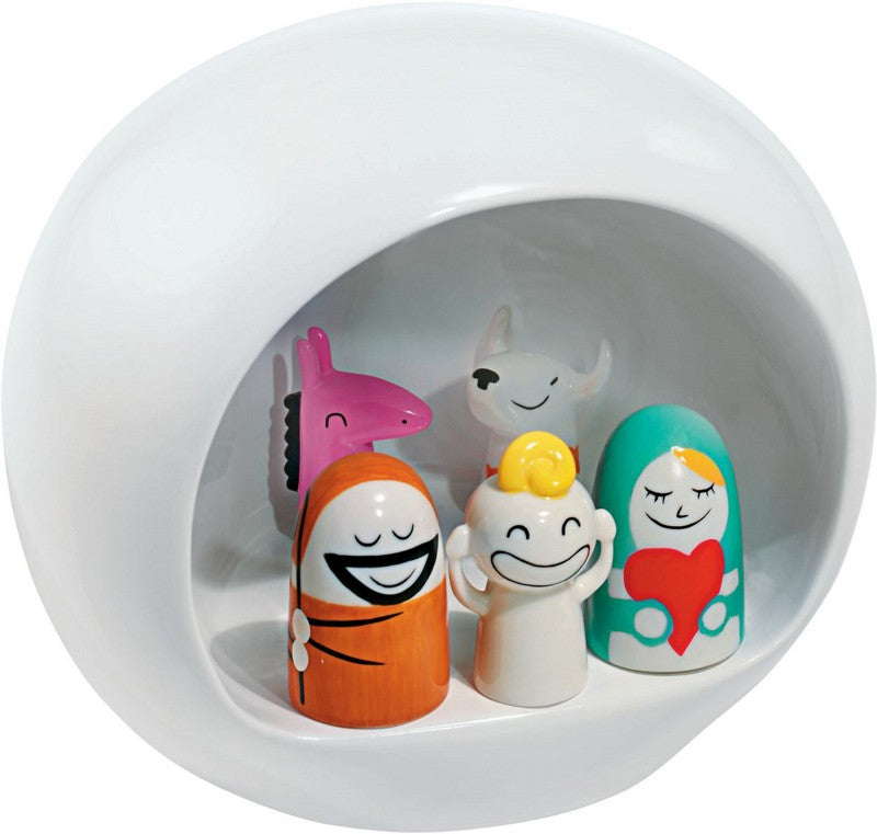 Alessi kerststal wit porselein met kerstgroep beeldjes, ontwerp Massimo Giacon