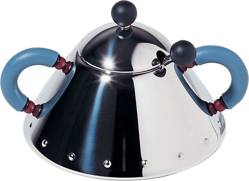 Alessi suikerpot met lepel, roestvrij staal met blauwe handvatten