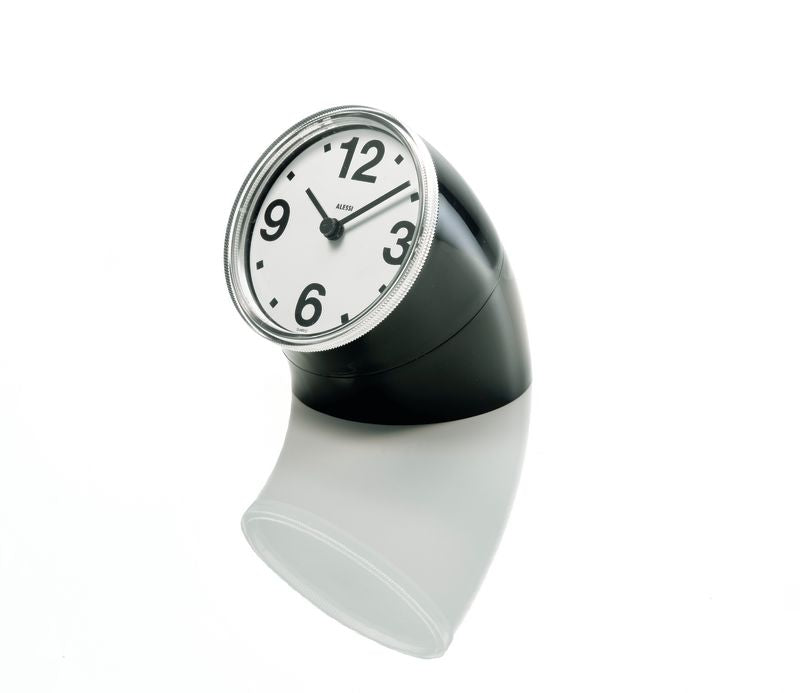 Alessi Cronotime bureau klok, zwart met wit wijzerplaat, ontwerp Pio Manzù