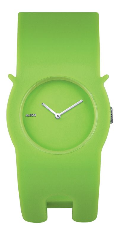 Alessi Neko horloge in groen, ronde wijzerplaat met kattenvorm