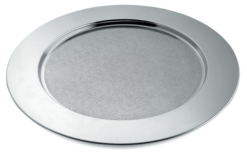 Alessi Disco Cesellato groot rond dienblad met reliëf, diameter 48 cm, ontwerp Alessandro Mendini