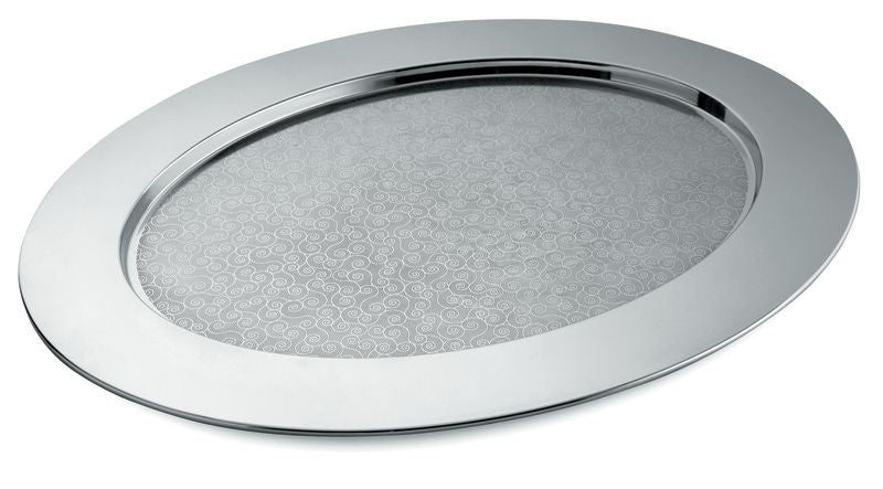 Alessi Ovale Cesellato dienblad, ovaal, verzilverd met gegraveerd motief, ontwerp Alessandro Mendini