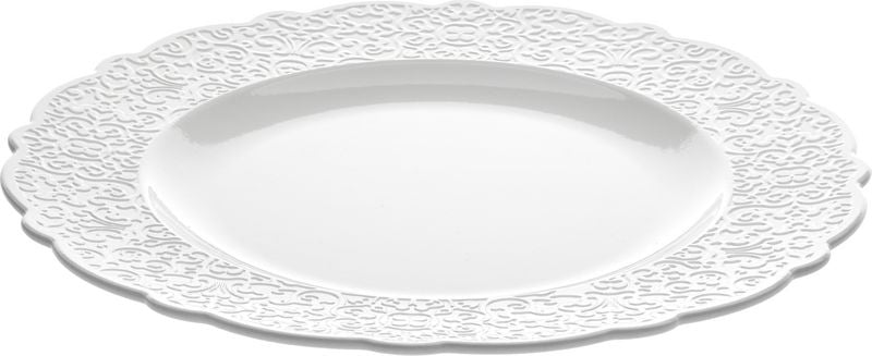 Alessi Dressed diner bord in wit porselein met reliëfrand, ontwerp Marcel Wanders, schuin aanzicht
