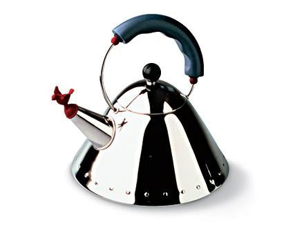 Alessi fluitketel met vogel, roestvrij staal met zwarte handgreep, ontwerp Michael Graves