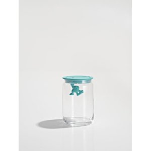 Alessi Gianni voorraadpot, ontwerp Mattia Di Rosa, deksel met man, turquoise