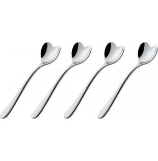 Set van vier Alessi theelepels met hartvorm, RVS, op een rij