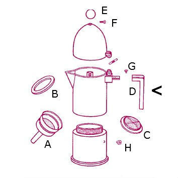 Alessi part: black handle with screw for 9095/3 B coffee maker, technical drawing with marking