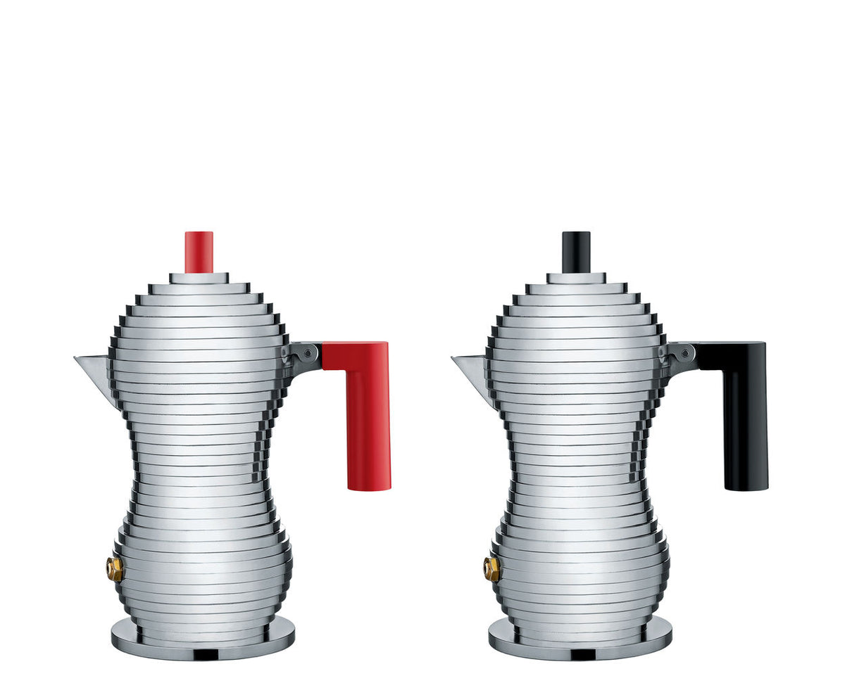 Alessi PULCINA espresso maker, 3-cup, red and black handle side by side