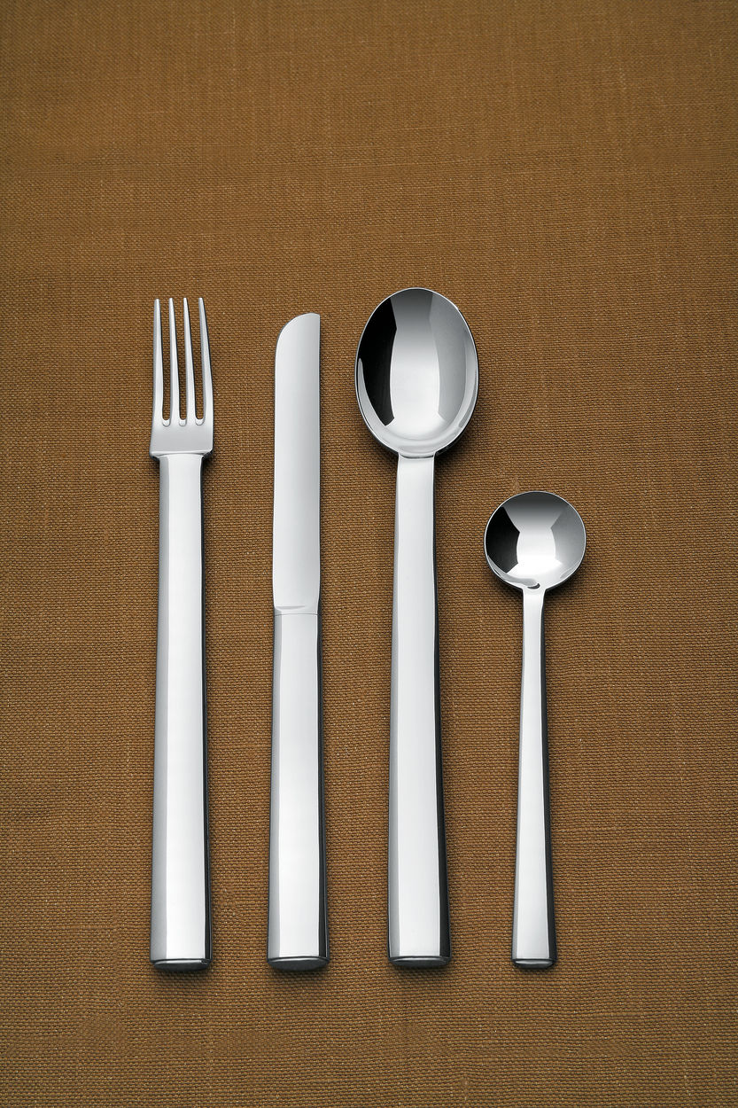 Alessi RUNDES MODELL vork, mes, lepel en koffielepel in roestvrij staal