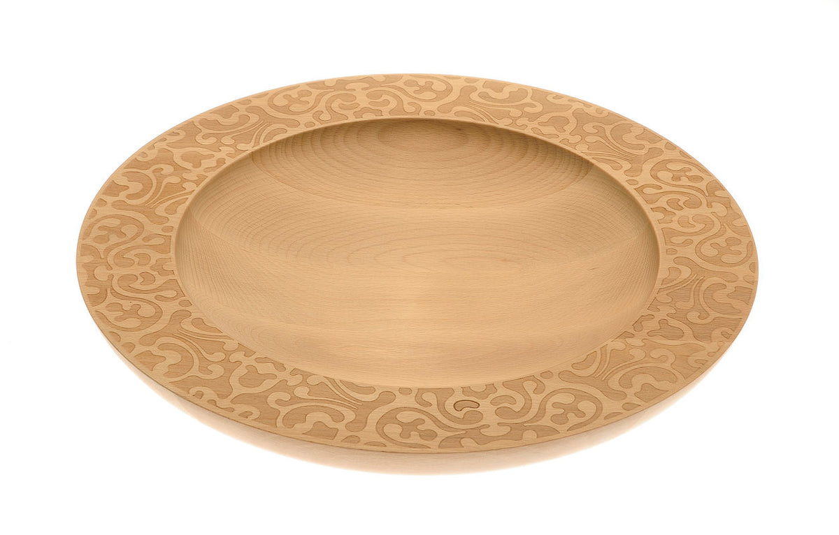 Alessi Dressed fruitschaal, houten schaal met brede rand en gelaserd motief, rond
