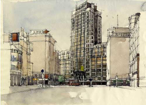 Wand aquarel van Jan Metz, schets van hoogbouw in Antwerpen, Design uit eindhoven