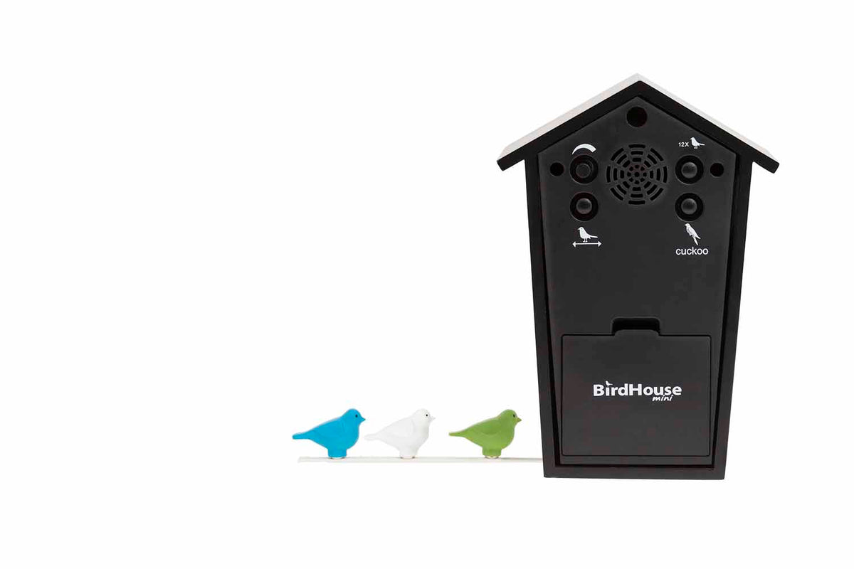 Achterzijde van de Kookoo koekoeksklok Birdhouse Mini met bedieningsknoppen en drie vogels
