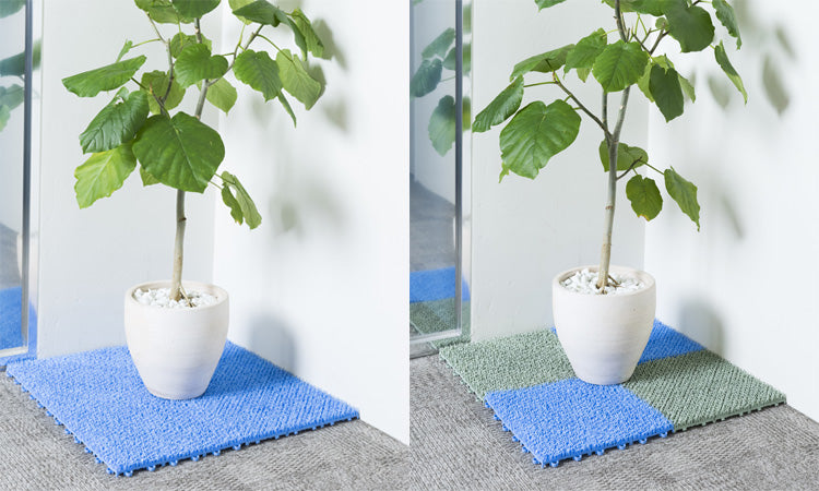 Shiba doormat tiles in blue and green, joined into a floor surface
