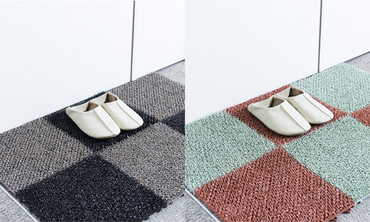 Shiba doormat tiles in taupe/black and green/red, with slippers on top