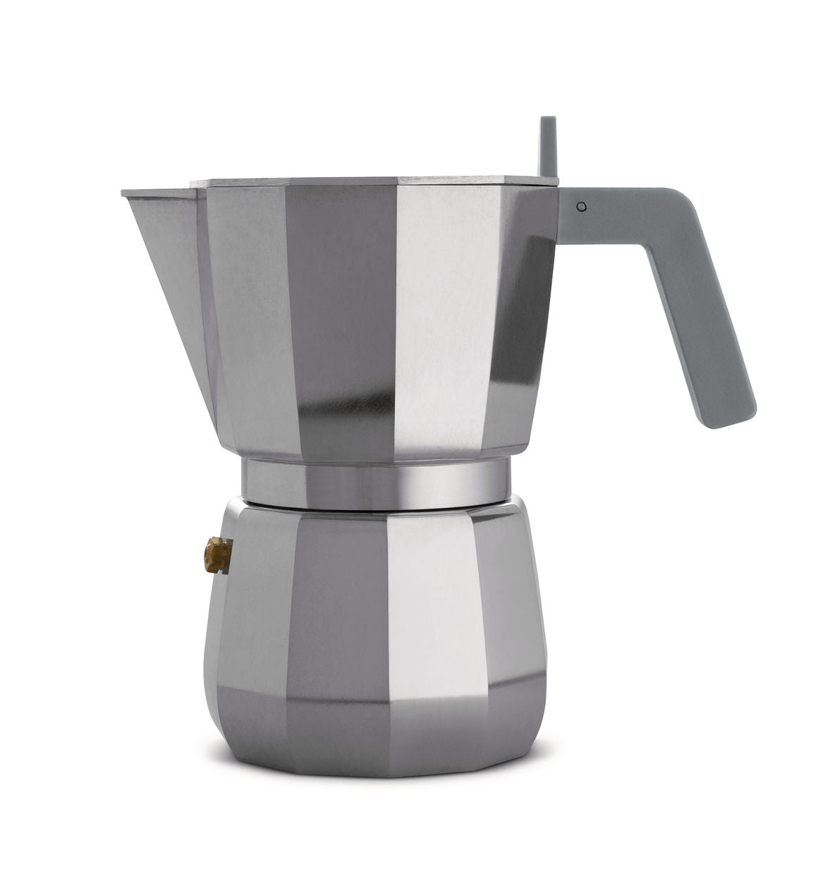 Alessi Moka 6-cup espresso maker, aluminium, side view with grey handle