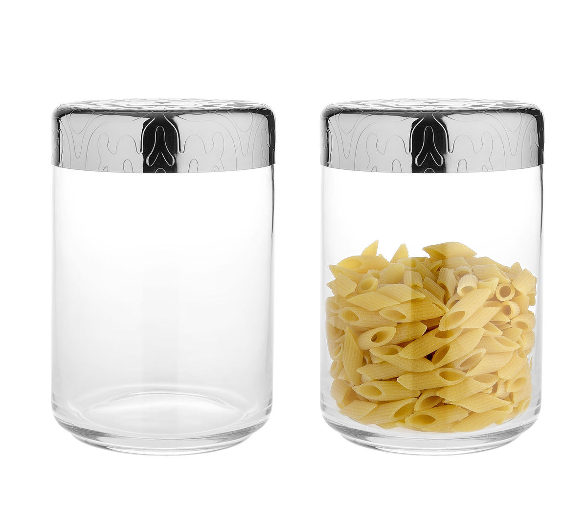 Alessi DRESSED pot met deksel, glas, leeg en gevuld met pasta