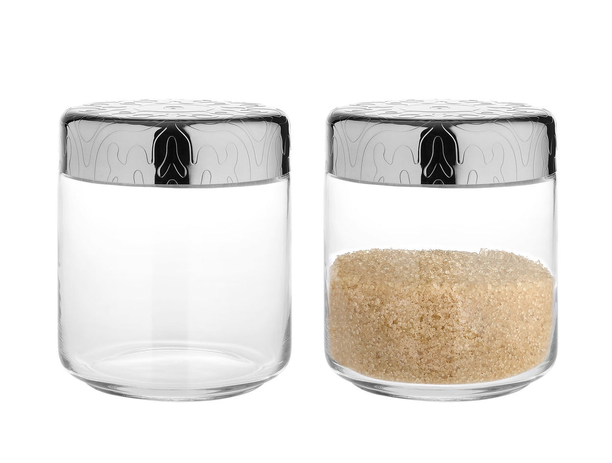 Alessi DRESSED pot van glas met gepolijst deksel, girotondo motief, leeg en gevuld