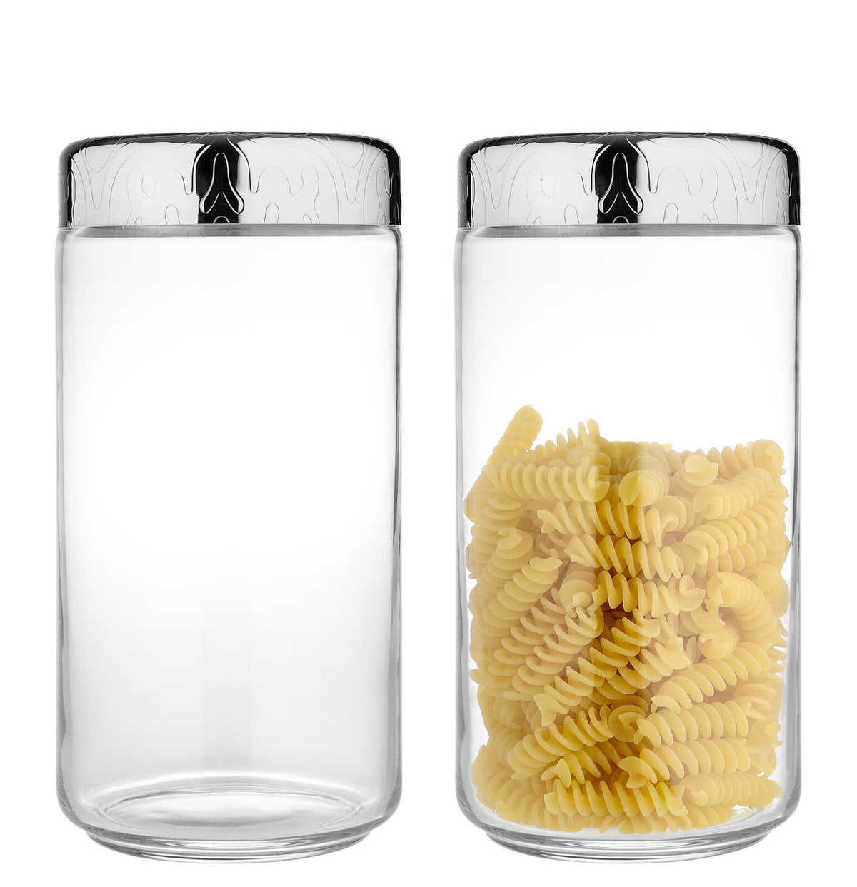 Alessi DRESSED pot van glas met gepolijst deksel met girotondo-figuurtjes, leeg en gevuld met pasta