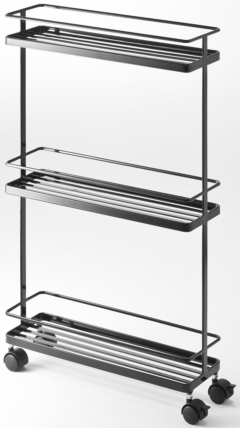 Yamazaki Tower Slim Cart, smal zwart keukenwagentje met 4 zwenkwielen, leeg model