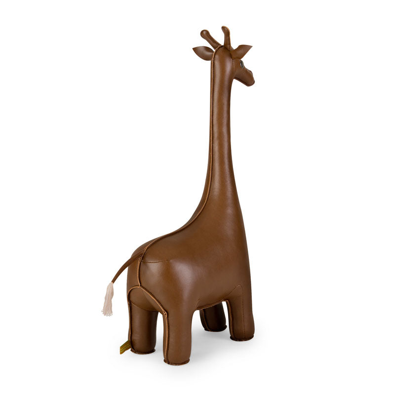 Zuny giraffe boekensteun in bruine kunstleder, achteraanzicht