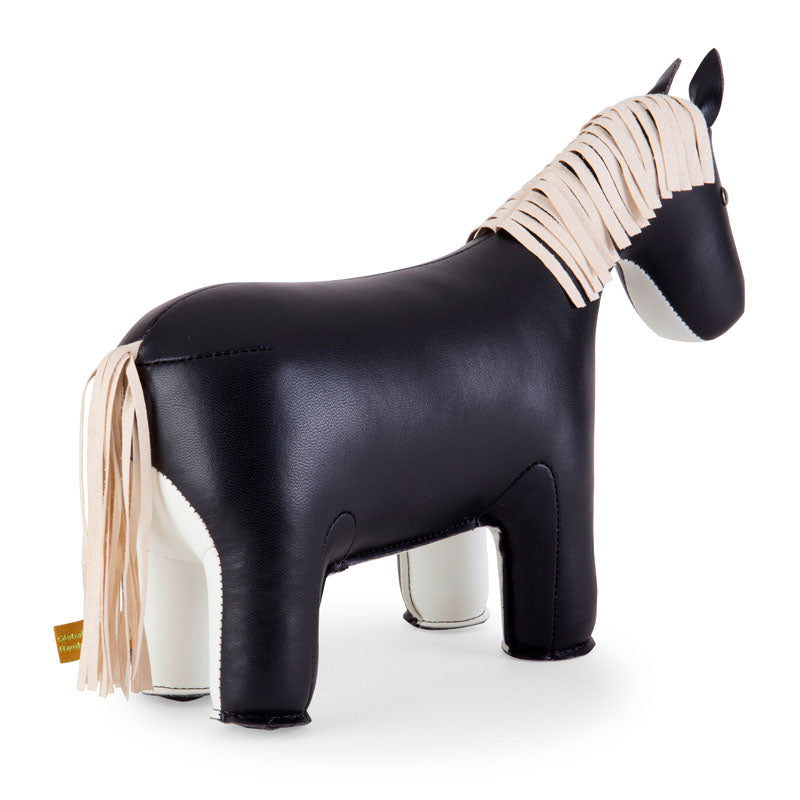 Zuny horse in faux leather, black, side view with mane and tail
