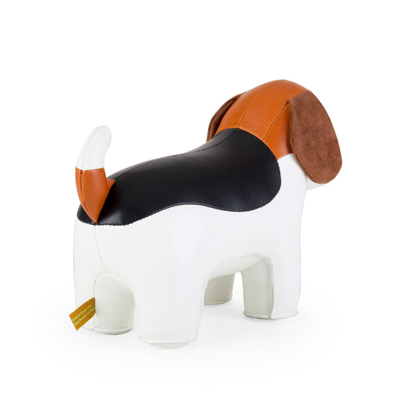 Zuny beagle deurstop, achteraanzicht met zwarte rug en label