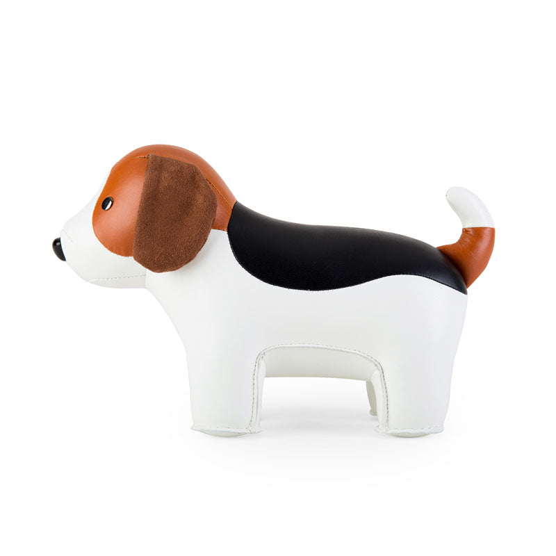 Zuny beagle deurstop, zijaanzicht in wit, bruin en zwart