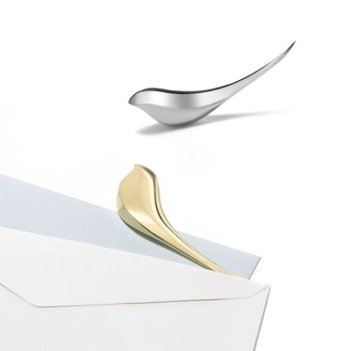 Birdie letter opener in chrome and gold, opening envelope