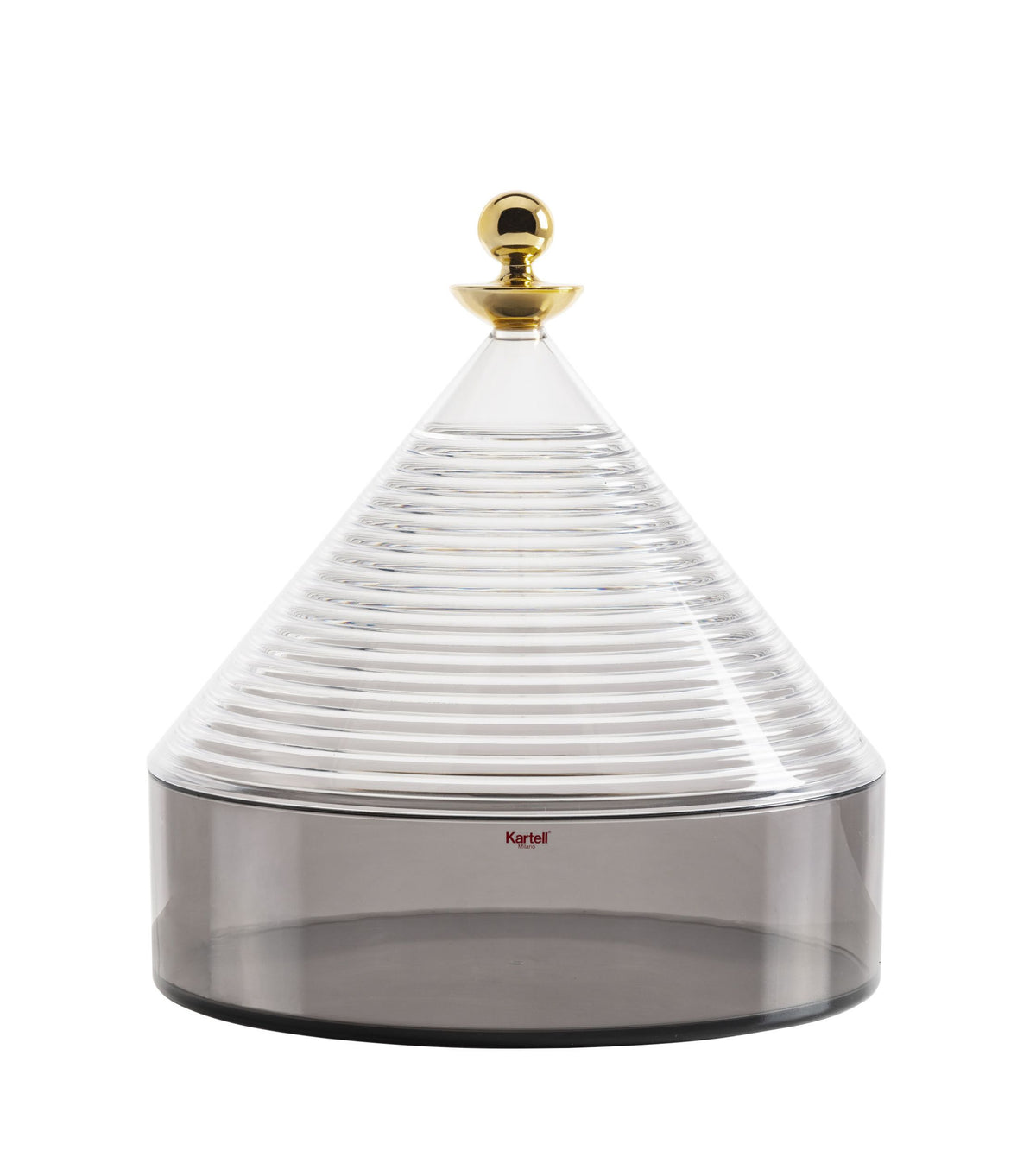 Kartell Trullo bewaardoos van Fabio Novembre, fumé onderstel met conisch deksel in helder glas