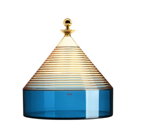 Kartell Trullo bewaardoos in blauw met geel deksel, gesloten weergegeven