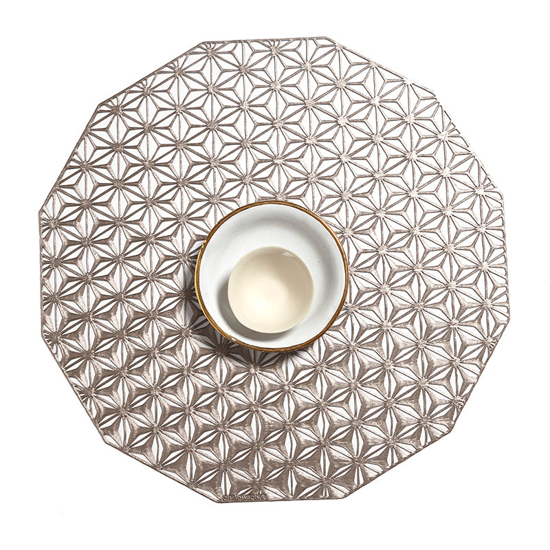 Detail of beautiful Kaleidoscope placemat in gunmetal, twelve-sided with Japanese asanoha motif