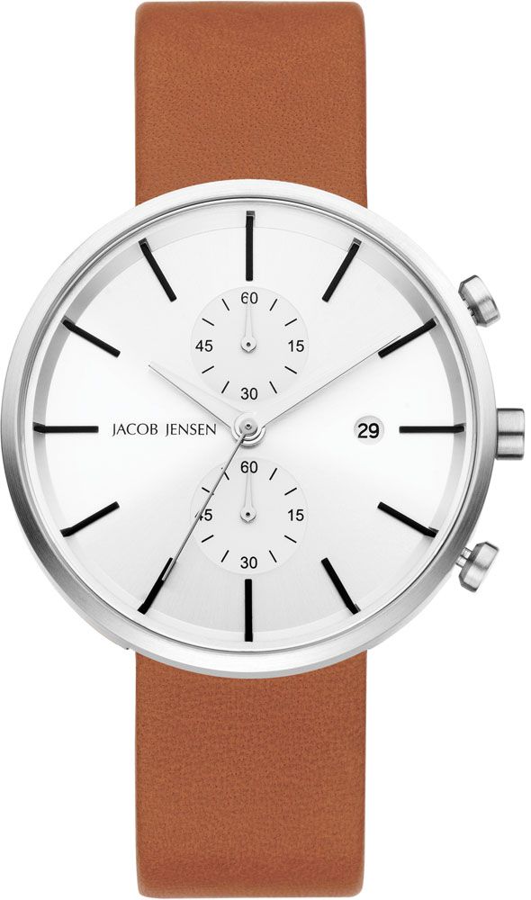 Jacob Jensen Linear 622 horloge met wit chronograafwijzerplaat en cognac leren band