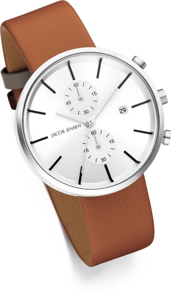 Jacob Jensen Linear 622 horloge, zijaanzicht met cognac leren horlogeband