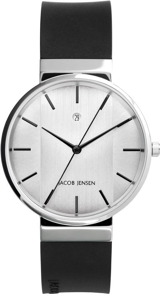 Jacob Jensen New Line 737 band, siliconenrubberen band in zwart, vooraanzicht op horloge